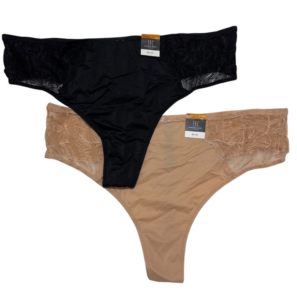 INC Int'l Concepts Plus Size 3X Black Frappe Lace-Trim Thong Panty (2) Pairs NWT